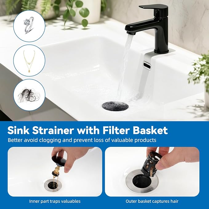 Universal Metal Bathroom Sink Stopper, Pop-Up Hair Catcher Strainer, Black | Large Cover Cap, Sink Drain Strainer with Detachable Double Filter, Drain Plug Fits 1.1"-2.36" US Basin, Brass Bounce Core