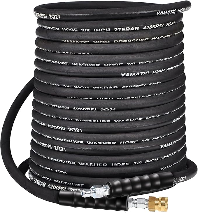 YAMATIC 3/8 Pressure Washer Hose 50 FT 3/8", 4200 PSI Hot Water Power Washer Hose, 360° Swivel 3/8" Quick Connect, Heavy Duty Rubber Hose for Simpson Honda DeWalt Generac Troy-Bilt