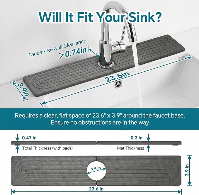 Stone Faucet Mat for Kitchen Sink-Diatomite Drying Stone Mat& Sink Protector,Quick Dry Water Absorbing Stone Tray ,Sink Splash Guard for Kitchen Counter & Bathroom Counter (Dark Grey, 23.6"X3.9")