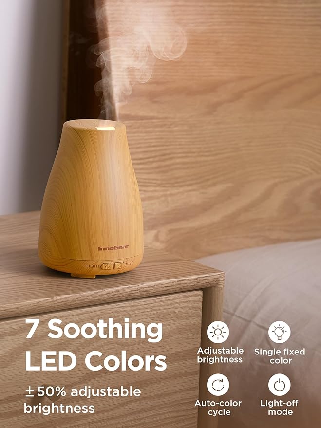 InnoGear Essential Oil Diffuser Ultrasonic Diffusers for Home Scent, Yellow | Cool Mist Humidifier, Aromatherapy, Large Room, Run up to 8hrs, Waterless Auto Off, 7 Lights, Living Room, Quiet Operation