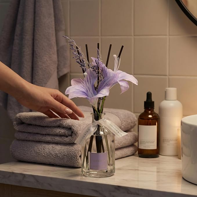 Reed Diffuser - Lavender Eucalyptus 8.5 Fl.oz Flower Reed Diffuser with Sticks, Bedroom Bathroom Shelf Decor (Floral Basket Collection)