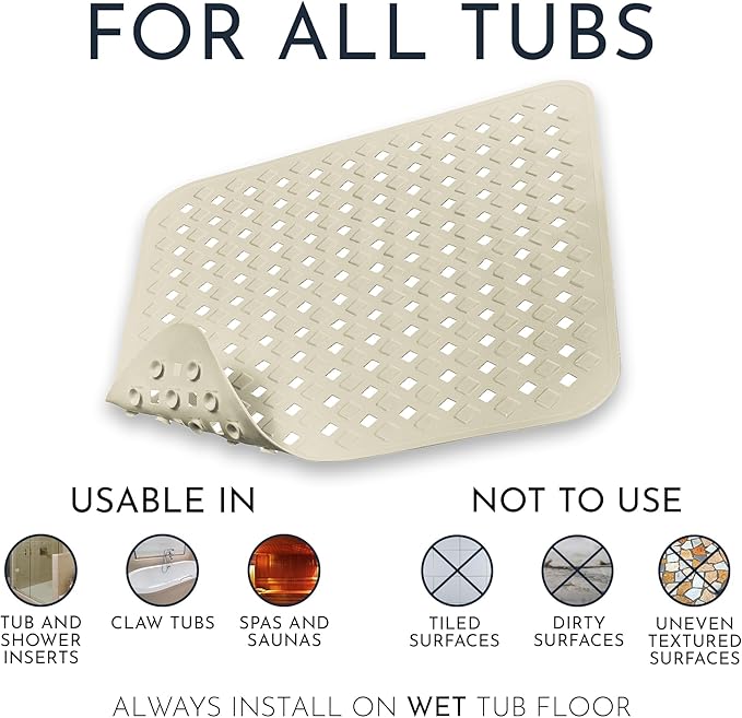 Homerella Anti Slip Shower Mat | Anti Mold Non Slip Bathtub Mat for Inside Shower | Square Floor Shower Mat 21 x 21 inch with Suction Cups for Grip & Hooks Hanging and Quick Drying | Machine Washable