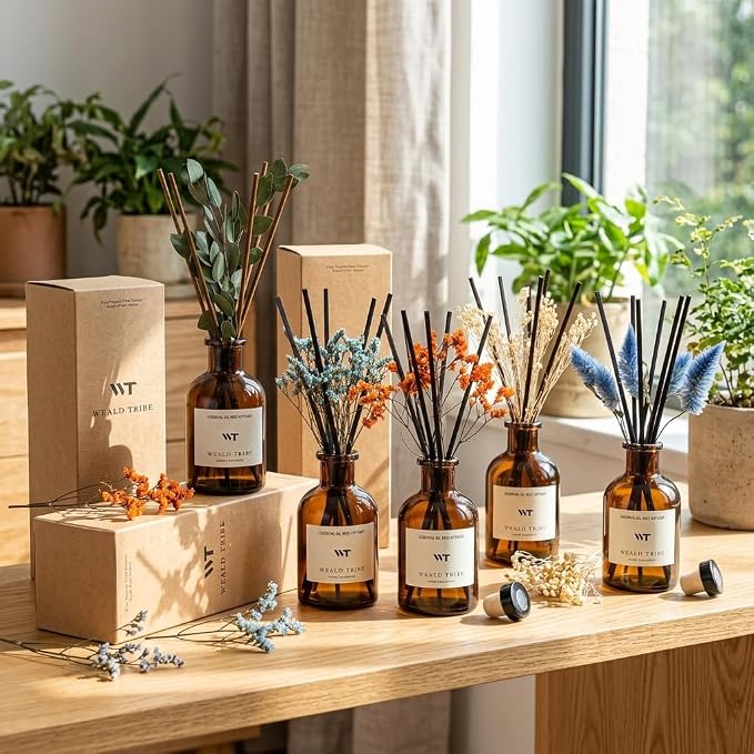 Reed Diffuser Set for Bathroom Air Fresheners, Oil Diffuser Sticks | White Jasmine Scent 4.0 fl oz Home Fragrance with Sticks Defusers | House Bedroom Office Shelf Decor