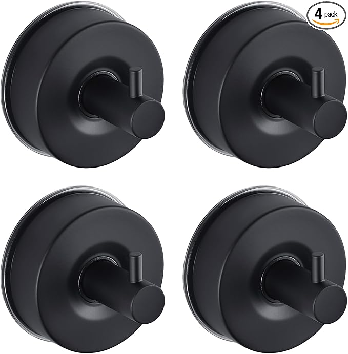 JOMOLA Stainless Steel Bathroom Suction Hooks - No Drill Adhesive-Free Wall Mount for Shower, Towel & Robe, Rustproof Metal Hardware with Damage-Free Grip, Matte Black (4-Pack)