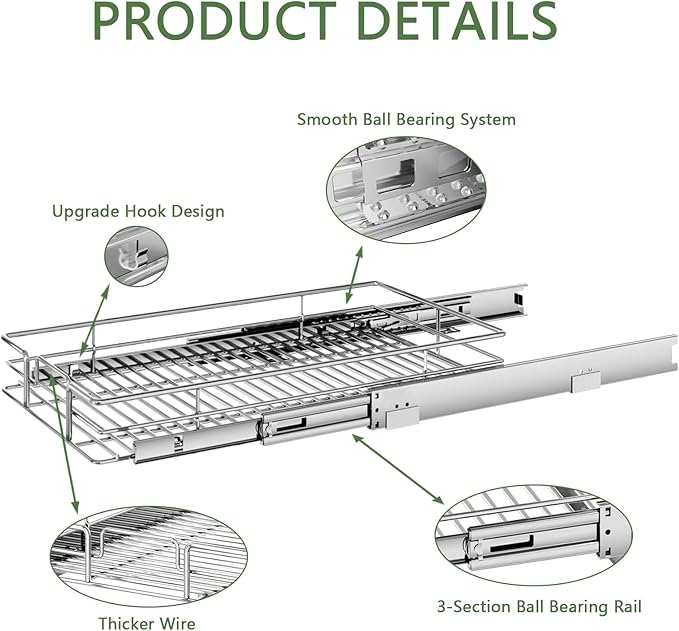 Pull Out Cabinet Organizer 13½" W x 18" D, Heavy Duty Cabinet Pull Out Shelves, Slide Out Drawers Organization for Kitchen Cabinets Bathroom