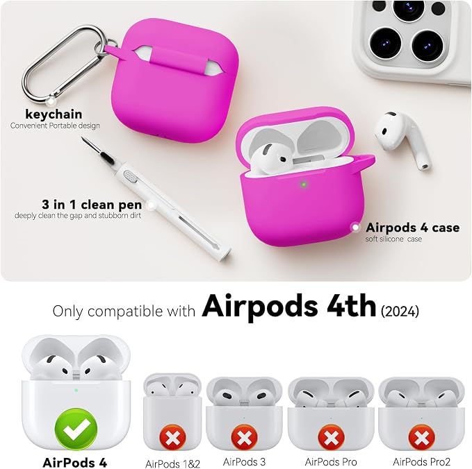 for AirPods 4 Case 2024 with Cleaner Kit & Keychain-Hot Pink | Silicone Protective Cover for Apple AirPods 4th Generation Case,for Women Men,One-Piece Design,Shockproof,Dust Proof