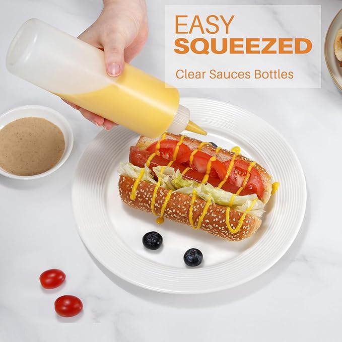 Squeeze Bottles, 16oz Plastic Condiment Squeeze Bottles with Labels & Funnels & Brusher for Liquids Sauces Ketchup Oil, 6 Pack