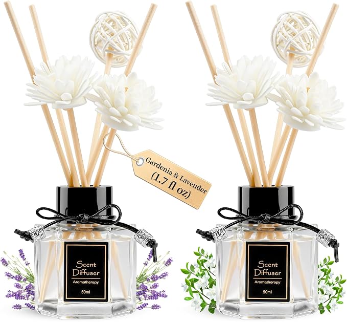 Lavender & Gardenia Reed Diffuser Set of 2 for Bathroom, Essential Oil Diffuser Sticks | Home Air Freshener Fragrance with 6 Reeds for Diffuser | Smell Good for Home Shelf Decor (1.7 fl oz x 2)