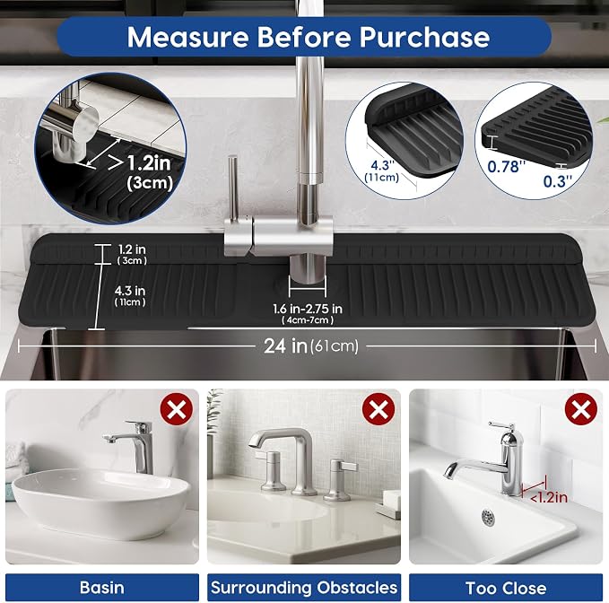 24 Inch Silicone Faucet Mat for Kitchen Sink Splash Guard - 7° Slope Upgraded Water Draining Mat with Fasten Button for Bathroom Area (Black, 24''x5.5'')