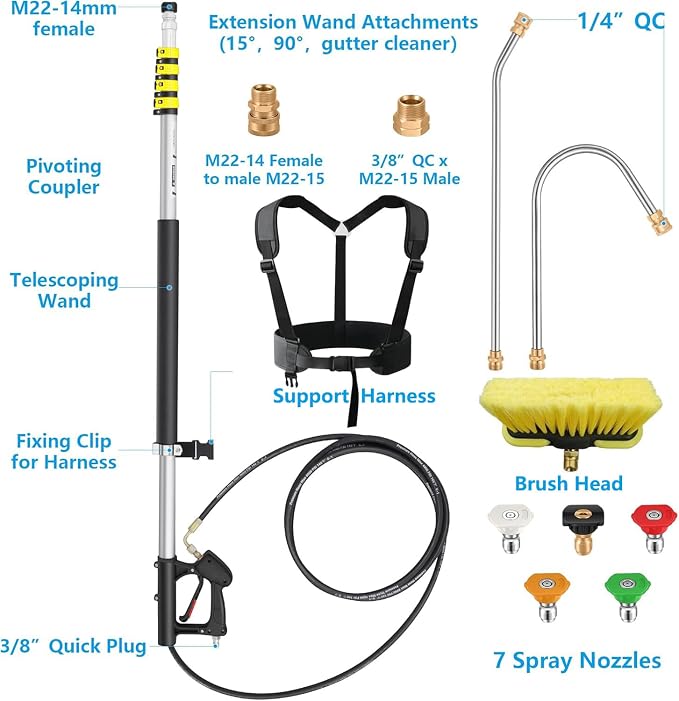 24 FT Telescoping Pressure Washer Wand Extension with Brush Head | Aluminum Power Washer Extension Wand with 5 Nozzle Tips, 2 Adapters, Harness, Gutter Cleaning Tools from The Ground