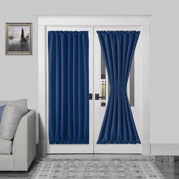 DWCN French Door Curtains – Rod Pocket Thermal Blackout Curtain for Doors with Glass Window, Kitchen and Patio Doors for Privacy, 54 X 72 Inches Long, 1 Curtain Panel with Tieback, Classic Blue