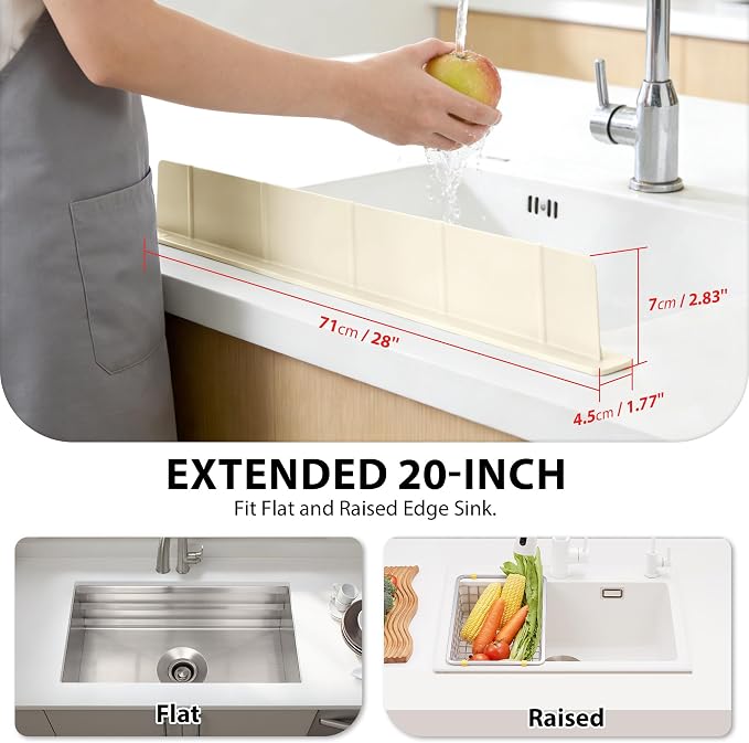 28Inch Silicone Sink Splash Guard with Strong Suction Cups, Flexible Kitchen Sink Splash Guard for Front of Sink, Easy to Clean Splash Guard for Kitchen & Bathroom (White, 28''x2.8'')
