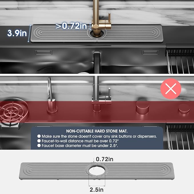 Quick Drying Stone Faucet Mat for Kitchen Sink - Diatomite Sink Mat Absorbing Stone Tray for Bathroom Counter, Sink Faucet Splash Guard Water Protector Matt for Kitchen Counter(Gray, 17.7"x3.9")