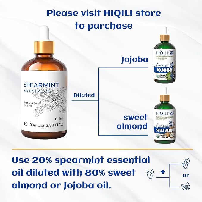 HIQILI Spearmint Essential Oil for Diffuser, Skin & Hair Care | Includes 10ml Travel Bottle, Refreshing Minty Aroma for DIY Lotions, Creams & Aromatherapy - 100ml / 3.38 fl oz
