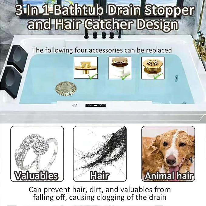 AzWzz Bathtub Drain Stopper, Pop Up Tub Stopper Plug with Bathtub Drain Hair Catcher Cover, Universal for 1.45 in to 1.8 in Tub Drain, Brushed Gold
