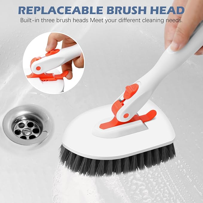 SetSail 4-in-1 Tile Tub Floor Scrubber with Floor Scrub Brush, Orange | with 3 Detachable Replacement Brush Head, Multi-Angle Cleaning Locks at 45°, 90°, 180° for Bathroom Kitchen Walls Tub Tile