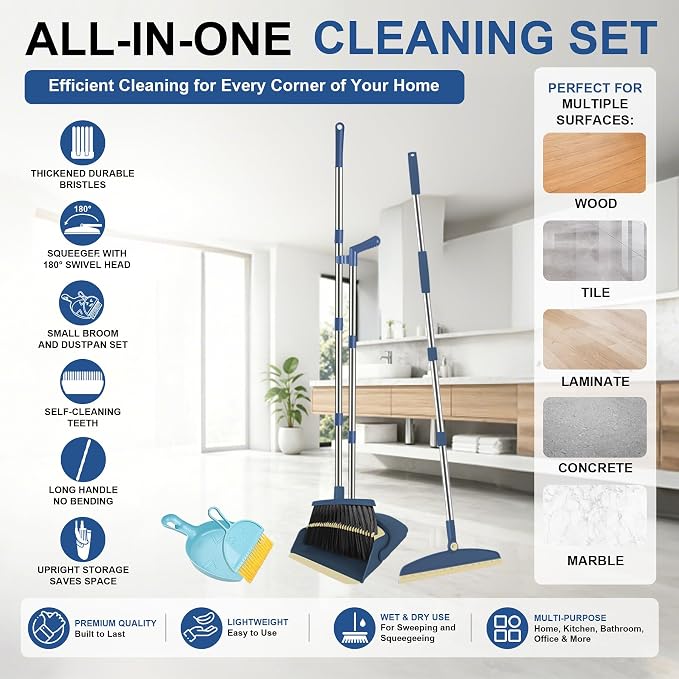 Broom and Dustpan Combo Set, 51" Long Handle with Squeegee & Mini Set | Blue Complete Cleaning Kit, Floor Squeegee for Wet & Dry Messes, Built-in Comb Dustpan, Mini Broom Set，for Home & Pet Areas