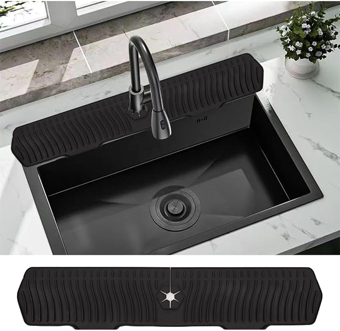 30 Inch Sink Splash Guard, Large Size Kitchen Sink Splash Guard, Longer Silicone Faucet Handle Drip Catcher Tray for Kitchen Countertop, Bathroom, Farmhouse (Black)