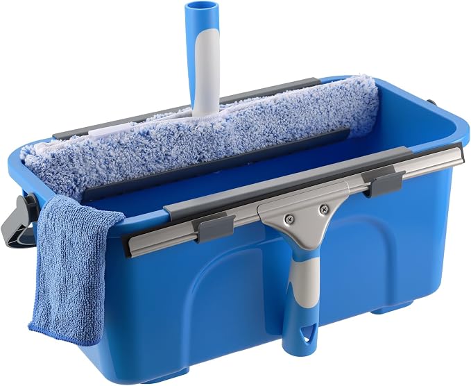 Window Cleaning Kit with Bucket 3 Gallon for Home Outdoor Car | Professional Window Washing Equipment, 14'' Silicone Squeegee, 14'' Microfiber Scrubber, Cloth, Commercial Use