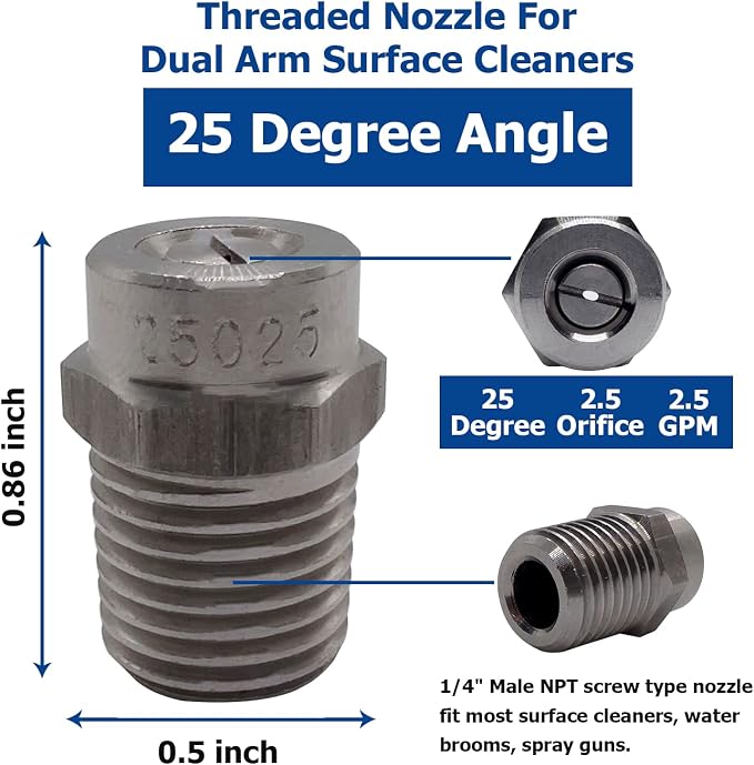 25025 Surface Cleaner Tips for Pressure Washer Nozzles with 2.5 Orifice, 4000 PSI, 1/4'' Male NPT, Stainless Steel (4 Pack)