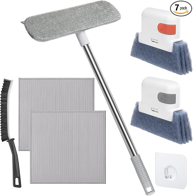 Window Screen Cleaner & Track Cleaning Kit Tool,7 Pcs | Mesh Screen Cleaner Brush with Extension Pole,Window Sill Cleaner Tools Washing Equipment,28″Detachable Long-Reach Handle