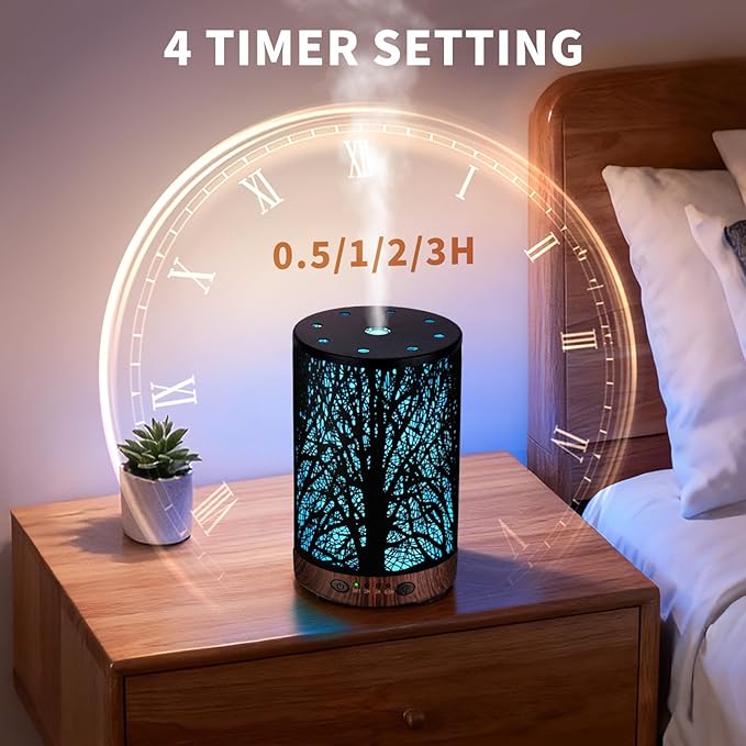 Essential Oil Diffuser 120ML Metal Aromatherapy Diffuser with Timer, Cool Mist Humidifier with Auto Shut-Off & 7 Color Lights for Home Office Spa (Tree)