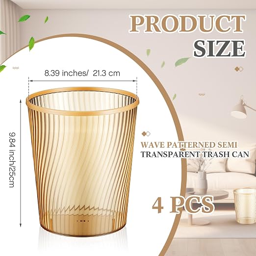 Honeydak 4 Pack Gold Trash Can 3 Gallon Plastic Wastebasket Garbage Bin Round Translucent Lightly Threaded Large Capacity Modern 8.39 x 9.84 Inch for Bathroom Bedroom Kitchen Dorms Office Decorative