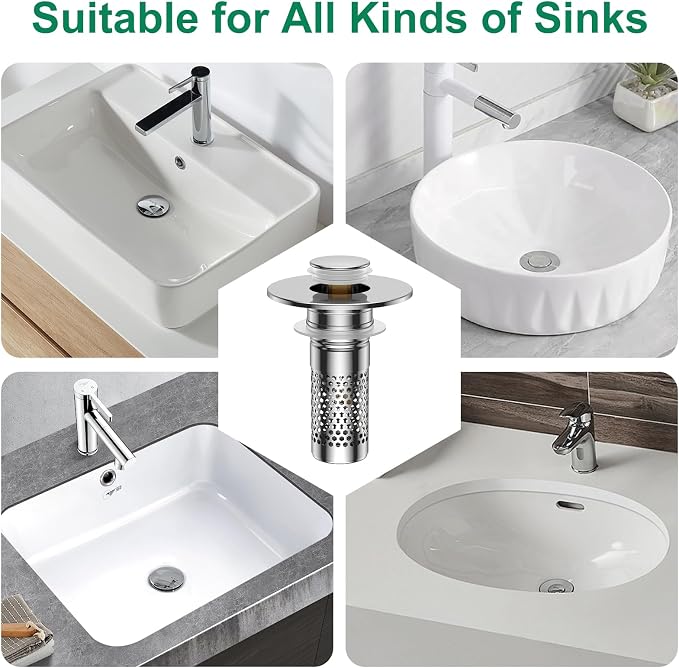 Bathroom Sink Drain Strainer,Universal Pop-Up Sink Stopper Hair Catcher, Stainless Steel Anti-Clog Drain Filter Basket, Removable Sink Drain for Bathroom Sink Stopper Replacement (Silver-4pcs)