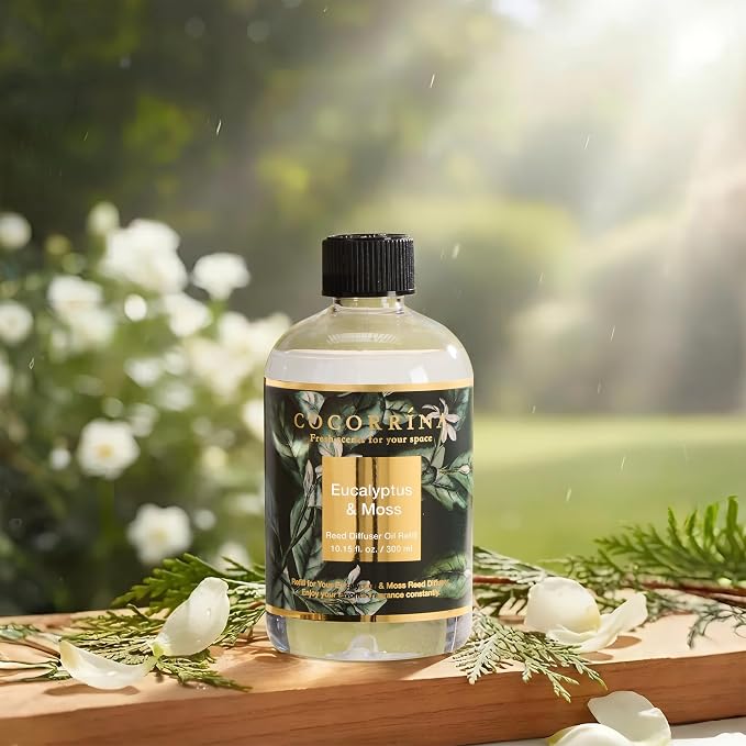 Reed Diffuser Refill Eucalyptus & Moss 10.14oz (300ml) with 8 Sticks - Premium Long-Lasting Floral Essential Oil, Home Fragrance for Bedroom, Bathroom Home Decor