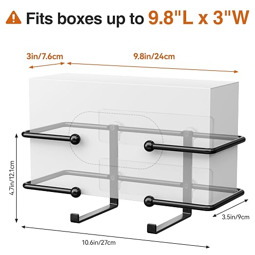 Adhesive Glove Box Holder Wall Mount, Metal Gloves Dispenser, Black | For Latex & Nitrile Boxes, No-Drill Tissue & Wipes Organizer for Lab, Kitchen, Bathroom