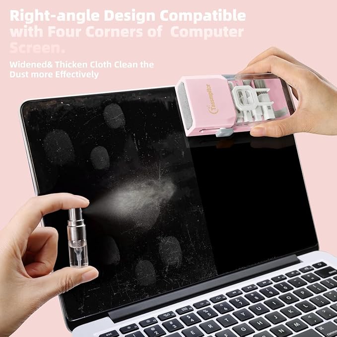 Keyboard Cleaning Kit, All-in-One Laptop & Computer Screen Cleaner, Pink | Multi-function Electronic Cleaner, Soft Bristle Brush, Computer Screen-safe Spray, Compact, for MacBook, iPad, iPhone, earbud