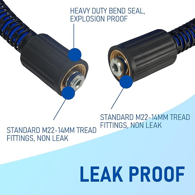 Hourleey Pressure Washer Hose 100 FT, 3600 PSI Flexible Kink Resistant Power Washer Hose Replacement, 1/4" Quick Connect Pressure Hose Extension With Leak-Free M22 x 3/8", Blue