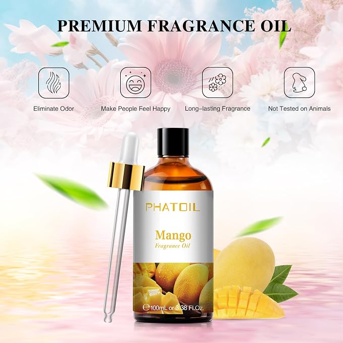 PHATOIL Mango Fragrance Oil for Diffuser Aromatherapy 3.38FL.OZ | Long Lasting Scented Oils For Humidifier, Air Freshener, DIY Soap Candle, Scent Project Making, Aroma Oil for Home Freshening