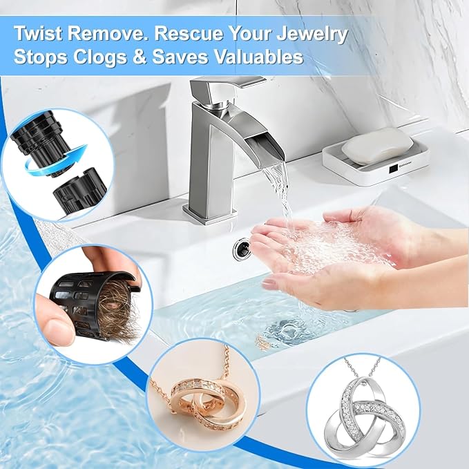 (All Metal) Bathroom Sink Stopper, Pop Up Drain Strainer for Bathroom Sink, Sink Plug Hair Catcher, Silent Popper Core w/Removable Filter Basket,Fit 1.05~2.0''Basin (Matte Black, 2 Pack)