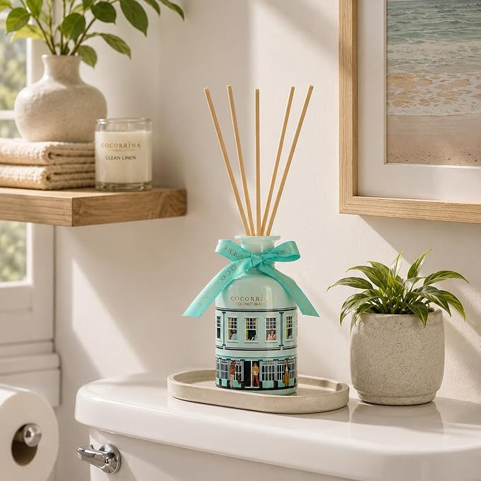 Reed Diffuser - Coconut Beach 6.76 fl oz Reed Diffuser with 8 Sticks Home Fragrance Bathroom Shelf Decor (Festive House Collection)
