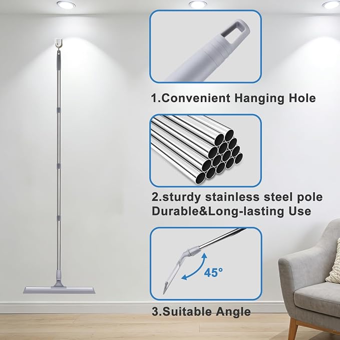 17.3" Floor Squeegee，Squeegee Broom for Floor with 62" Long Handle, Shower Squeegee for Tile Shower Walls,Garage, Deck, Bathroom, Glass,Window, Concrete Floor