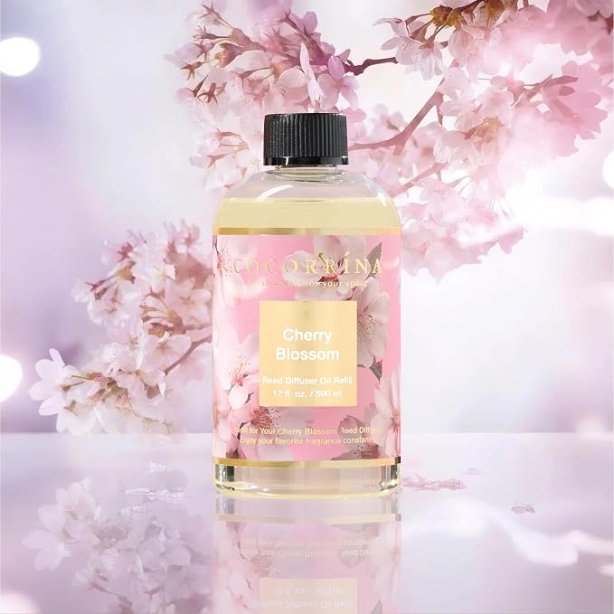 Reed Diffuser Refill Cherry Blossom 17oz (500ml) with 8 Sticks - Premium Long-Lasting Scented Oil, Home Fragrance for Bedroom, Bathroom Home Decor