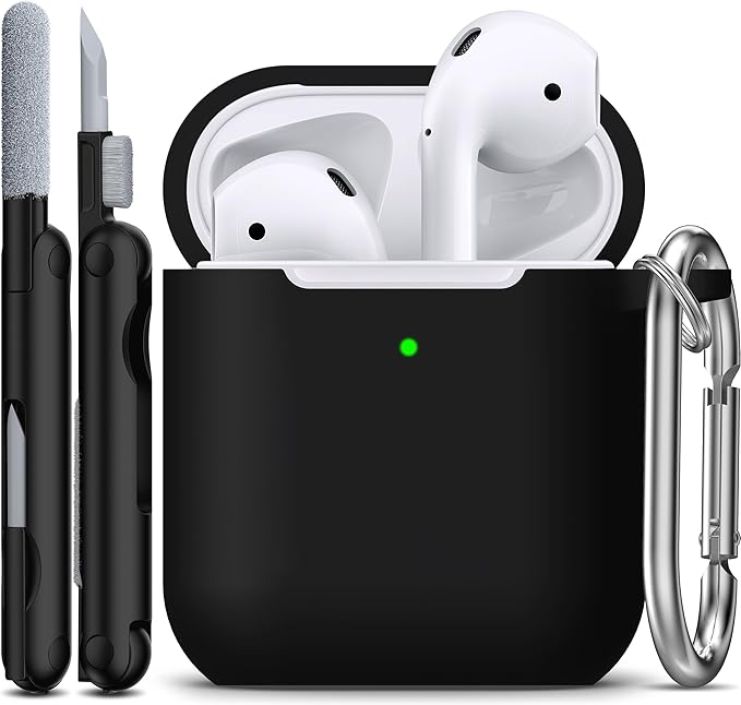 R-fun for AirPods 1/2 Case, Soft Silicone Protective Cover with Keychain and Cleaning Pen, Compatible with AirPods 2nd/1st Generation (2016/2019), Full Drop Protection Cover, Black