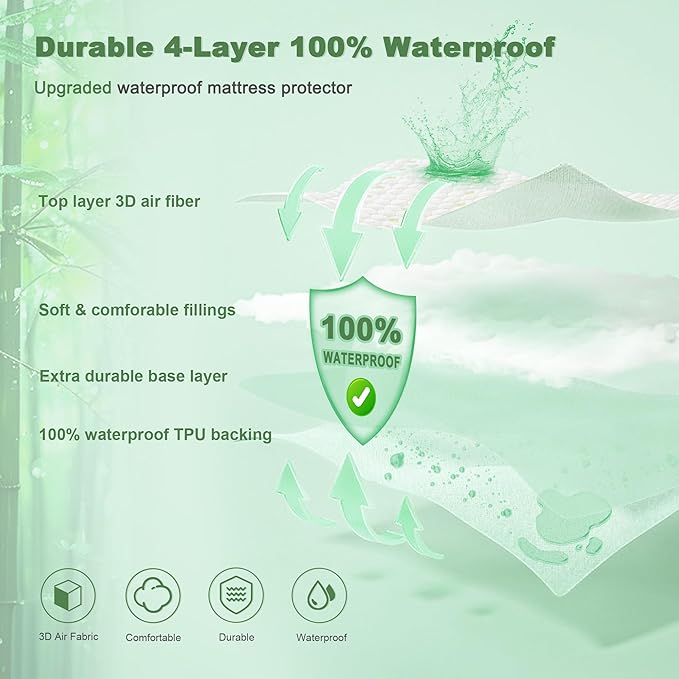 Waterproof Mattress Protector, California King Size Mattress Pad Fitted 6"-18" Deep Pocket, 3D Air Fabric Bed Mattress Cover Noiseless Washable for Home, Bedroom, Hotel