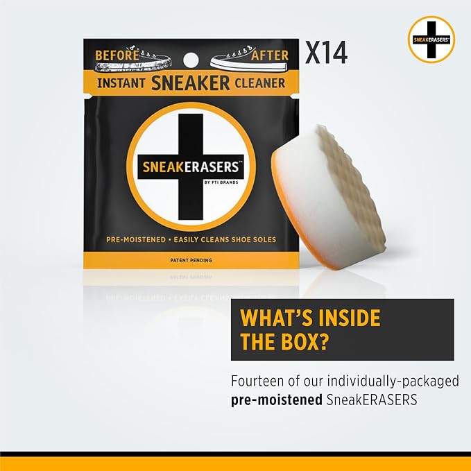 SneakERASERS Instant Shoe Cleaner Pre-Moistened Sponge, 14 Pack | Effective for White Sneakers, Tennis Shoes, Portable Shoe Cleaning Kit, Instant Sneaker Cleaner