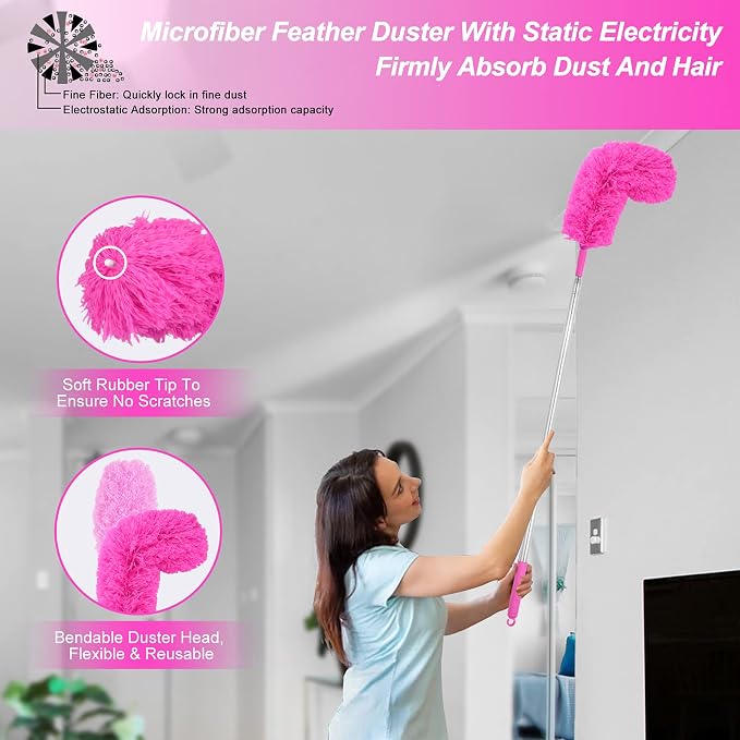 CALBEAU Microfiber Dusters for Cleaning, Dusters with Extension Pole | 15 PCS Feather Duster Kit for Ceiling Fan, Blinds, Cars, Furniture, High Walls; Pink Cleaning Tools, Gift for Women