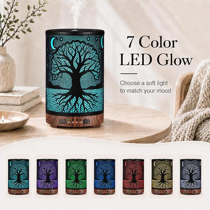 Essential Oil Diffuser, 120 ml Aromatherapy Diffuser with 7 Color Lights, Auto Shut-Off and 4 Timer Settings, Ultrasonic Cool Mist Diffuser for Home Room Office (Moonlit Tree)