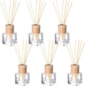 Roshtia 6 Set Reed Diffuser Bottles 50ml Glass Wooden Caps Rattan Sticks | Empty Refillable DIY Oils, Mini Square Jars Bulk, Ideal Home Office Aromatherapy Gifts, 1.7 Oz Fragrance Container