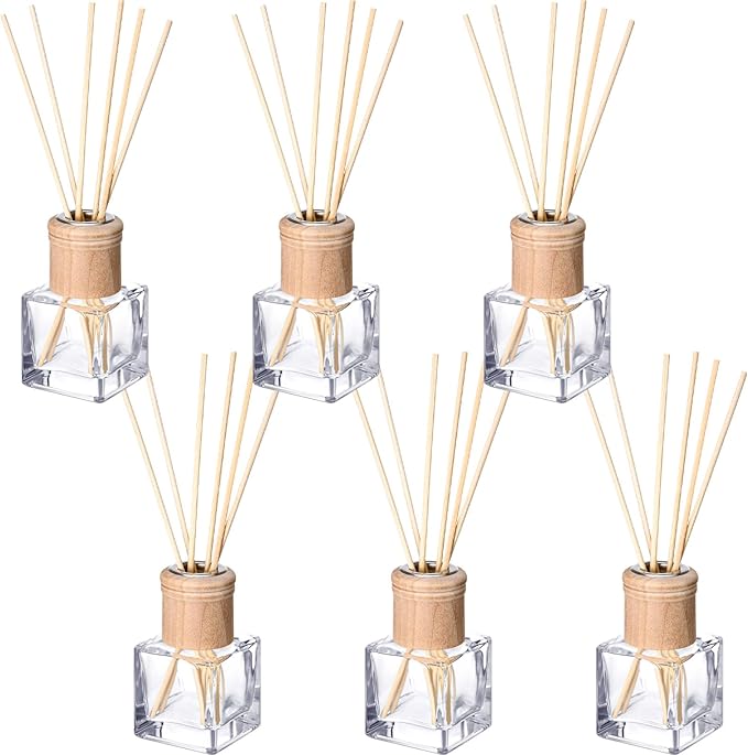 Roshtia 6 Set Reed Diffuser Bottles 50ml Glass Wooden Caps Rattan Sticks | Empty Refillable DIY Oils, Mini Square Jars Bulk, Ideal Home Office Aromatherapy Gifts, 1.7 Oz Fragrance Container