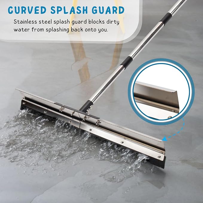 Floor Squeegee for Concrete Water Removal, 31'' Large Heavy Duty Water Pusher with Splash Guard for Garage, Deck, Driveway, Pool, Patio, Tile, 55.5’’ Long Handle Commercial Outdoor Rubber Squeegees