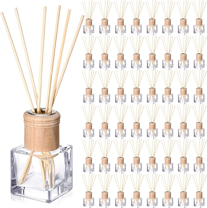 Roshtia 50 Set Reed Diffuser Bottles 50ml Glass Wooden Caps Rattan Sticks | Empty Refillable DIY Oils, Mini Square Jars Bulk, Ideal Home Office Aromatherapy Gifts, 1.7 Oz Fragrance Container