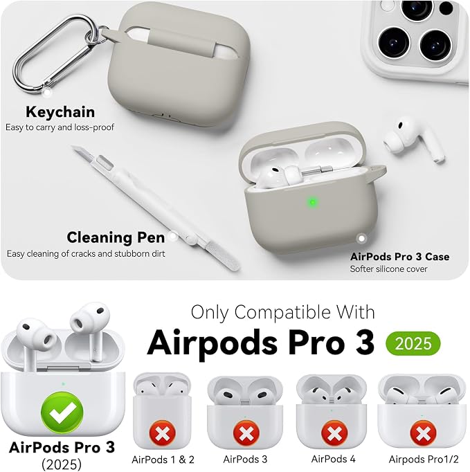 for AirPods Pro 3 Case 2025,Come with Cleaner Kit,Khaki | Silicone Protective Cover for Airpod Pro 3rd Generation Case with Keychain,for Women Men,One-Piece Design,Shockproof