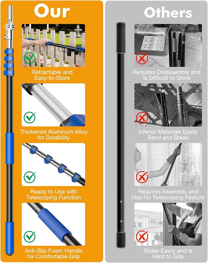 Telescoping Pole, 4-16 Ft with Joint Angle & Squeegee Adaptor, Aluminum Telescopic Paint Roller Extension Pole & Extendable Pole, Anti-Slip Foam Grip, Multi-Purpose Gutter Window Dust Cleaning Pole