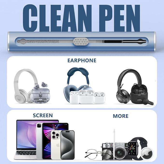 Inesore Multi Cleaning Kit for AirPods & All Bluetooth Earbuds (Deep Blue) | 3-in-1 Design with Brush,Sponge & Metal Tip, Airpod Cleaning, Phone Cleaner, Earbud Cleaning, Electronic Device Cleaning Tool