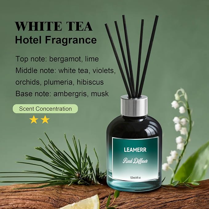 Luxury Hotel White Tea Reed Diffuser, 4oz (120ml) Clean Woody Floral Accord Scent Perfect for Home, Bathroom, Office & Room Decor